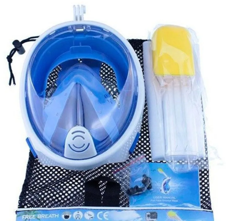 Подводная маска голубая для плавания URM , Полнолицевая маска для снорклинга с креплением для экшн-камеры, размер L XL\ взрослая