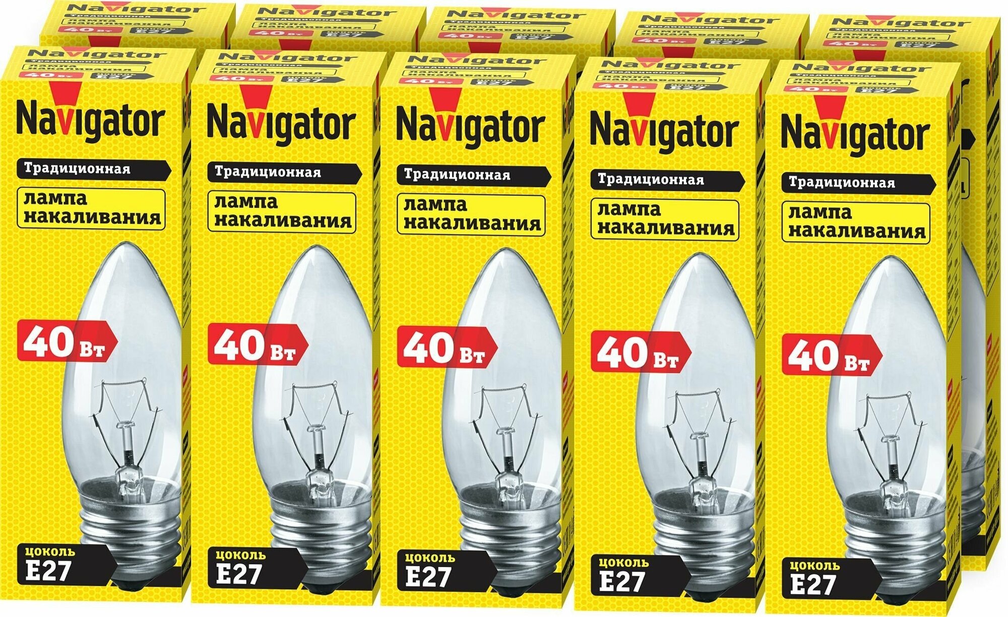 Лампа накаливания Navigator 94 328 NI-B, 40 Вт, свеча, Е27, упаковка 10 шт.