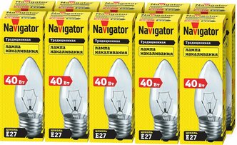Лампа накаливания Navigator 94 328 NI-B, 40 Вт, свеча, Е27, упаковка 10 шт.