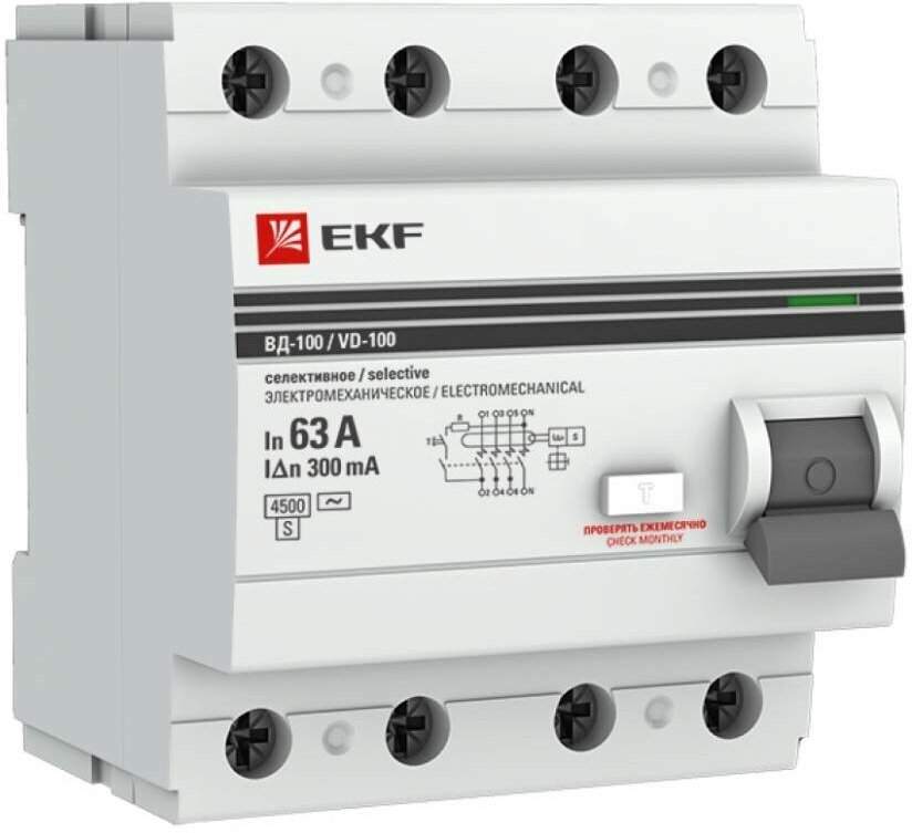 Селективное устройство защитного отключения EKF 4P, 63А/300мА, PROxima elcb-4-63-300S-em-pro