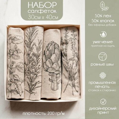 фото Набор салфеток на стол c растительным принтом из умягченного льна, 4шт, 30х40 см whiteroom