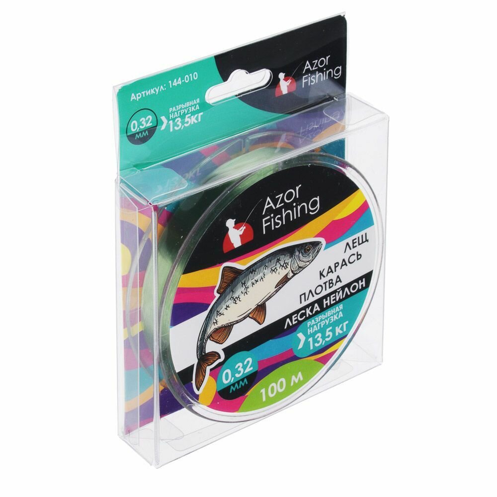 Монофильня леска AZOR FISHING "Лещ, Карась, Плотва", нейлон, 100м, 0,32мм, 13,5кг, зеленая — фото 1