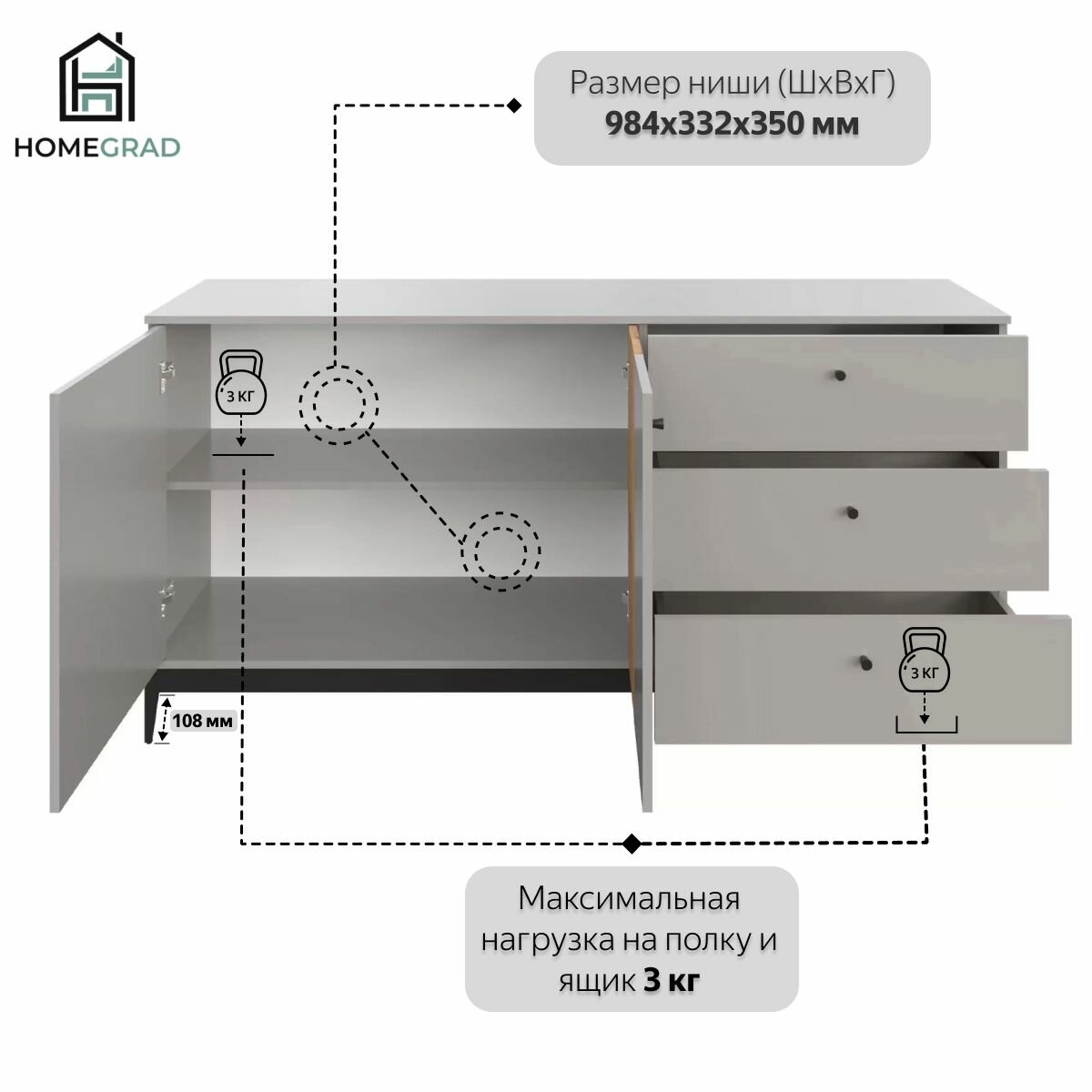 Комод широкий для одежды с выдвижными ящиками и полками HomeGrad ND-2, Серый/Дуб Артизан — фото 1