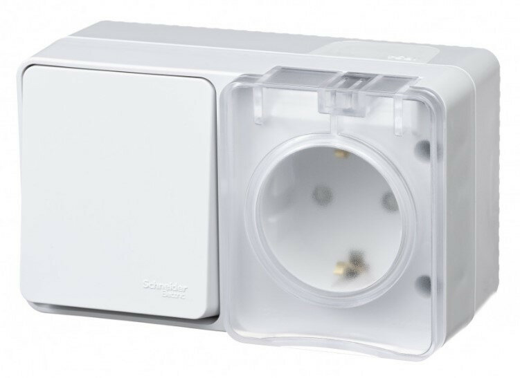 Выключатель одноклавишный с розеткой SE AtlasDesign Profi54 белый IP54 ATN540170