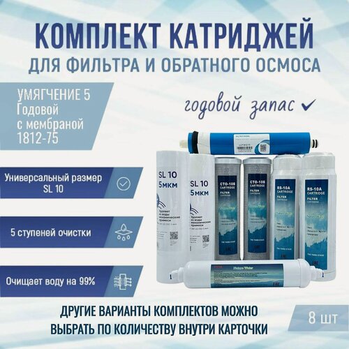 Изображение товара Сменные фильтры, комплект картриджей NatureWater"Умягчение 5 годовой" с мембраной 1812-75, совместимы со всеми системами