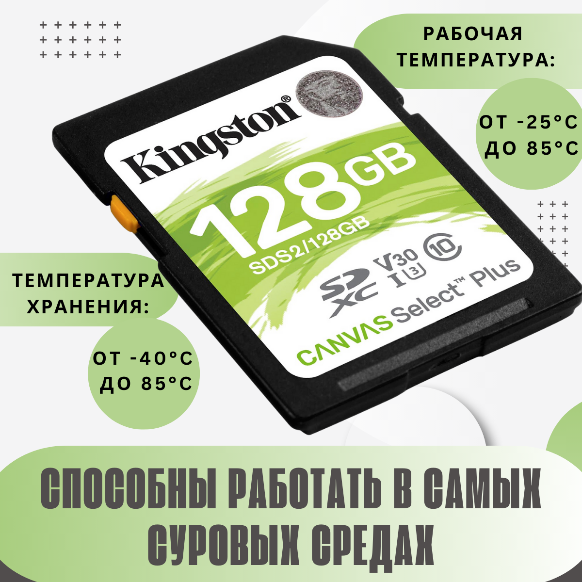 Карта памяти Kingston Canvas Select Plus SD 128 GB для видеокамер формата Full HD, Class 10, UHS-I, U3/V30, SDS2/128GB — фото 1