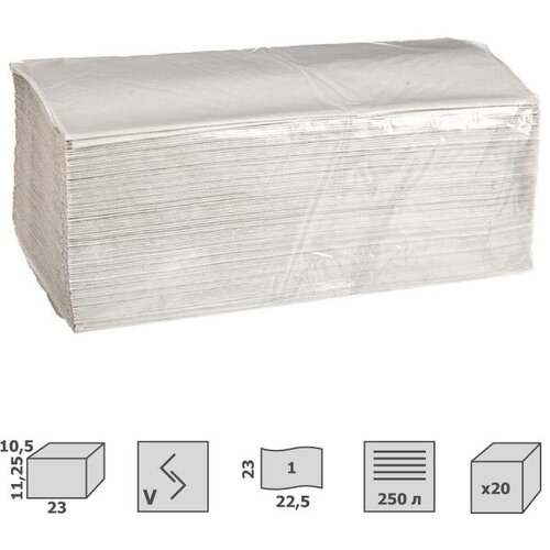 Полотенца бумажные КНР для диспенсера, V-сложения, 1 слой, серые, 250 листов, 20 пачек