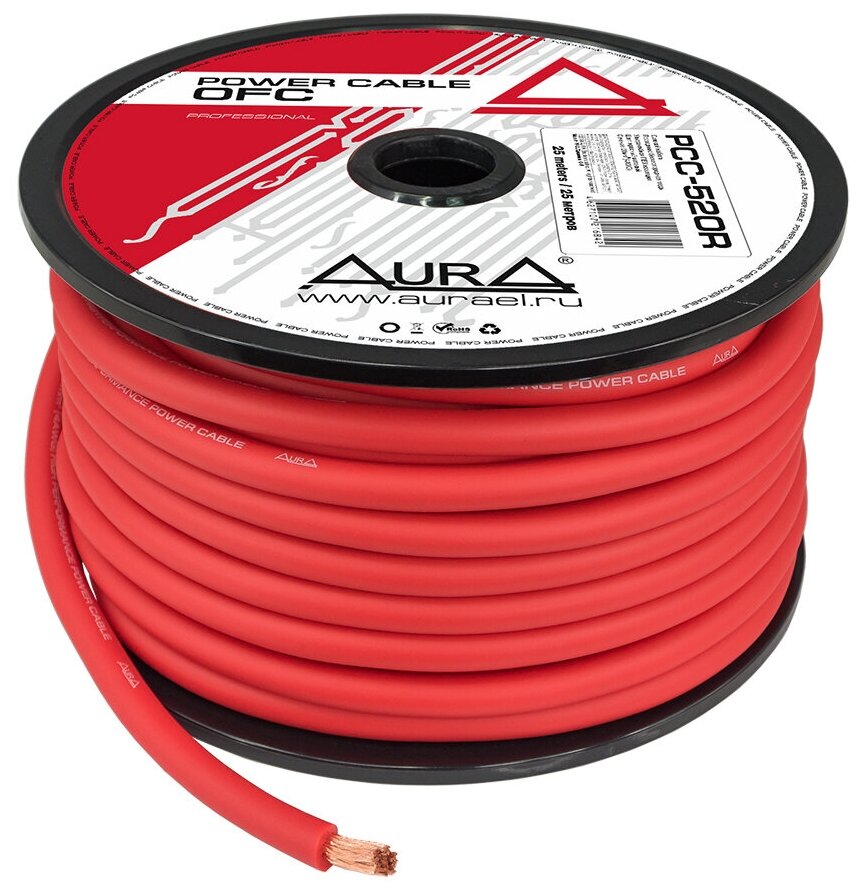 Кабель силовой AurA PCC-520R, OFC, 4AWG/20мм2, 25м/катушка, красный