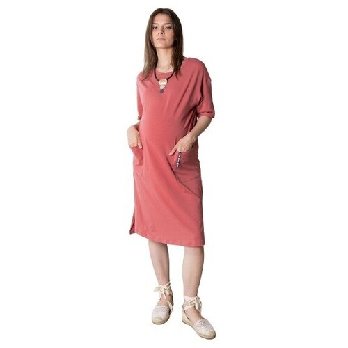 фото Платье-футболка мамуля красотуля, хлопок, в спортивном стиле, прямой силуэт, миди, карманы, размер 42-44, красный, розовый