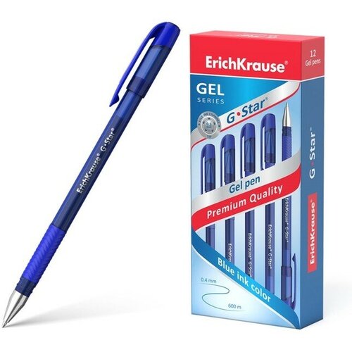 Ручка гелевая ErichKrause G-Star, чернила синие, узел 0.5 мм, грип-зона из резины, длина письма 600 метров(12 шт.)