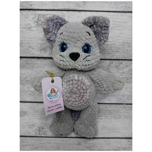 Мягкая игрушка, вязаный плюшевый котик 27см серый с голубыми глазками