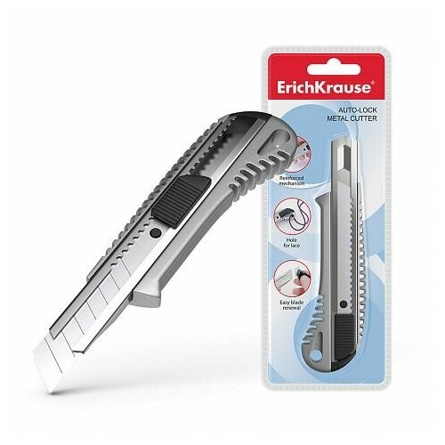 Нож канцелярский с автоматической фиксацией лезвия ErichKrause металлический, 18мм нож канцелярский металлический arrow auto lock