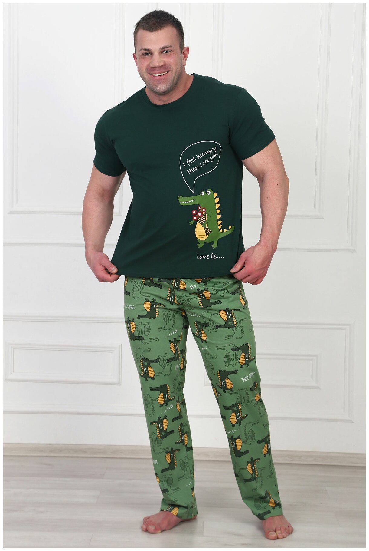 Мужская пижама Крокодильчики Зеленый размер 52 Кулирка Оптима трикотаж футболка с коротким рукавом брюки с краманами - фотография № 2