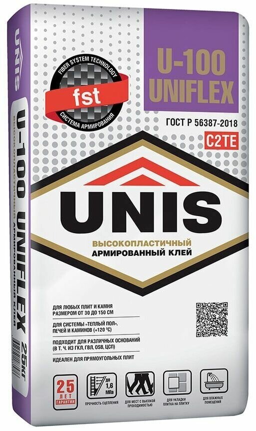 Юнис Унифлекс U-100 клей для плитки серый (25кг) / UNIS Uniflex U-100 клей для плитки, керамогранита и камня серый (класс С2 ТЕ) (25кг)