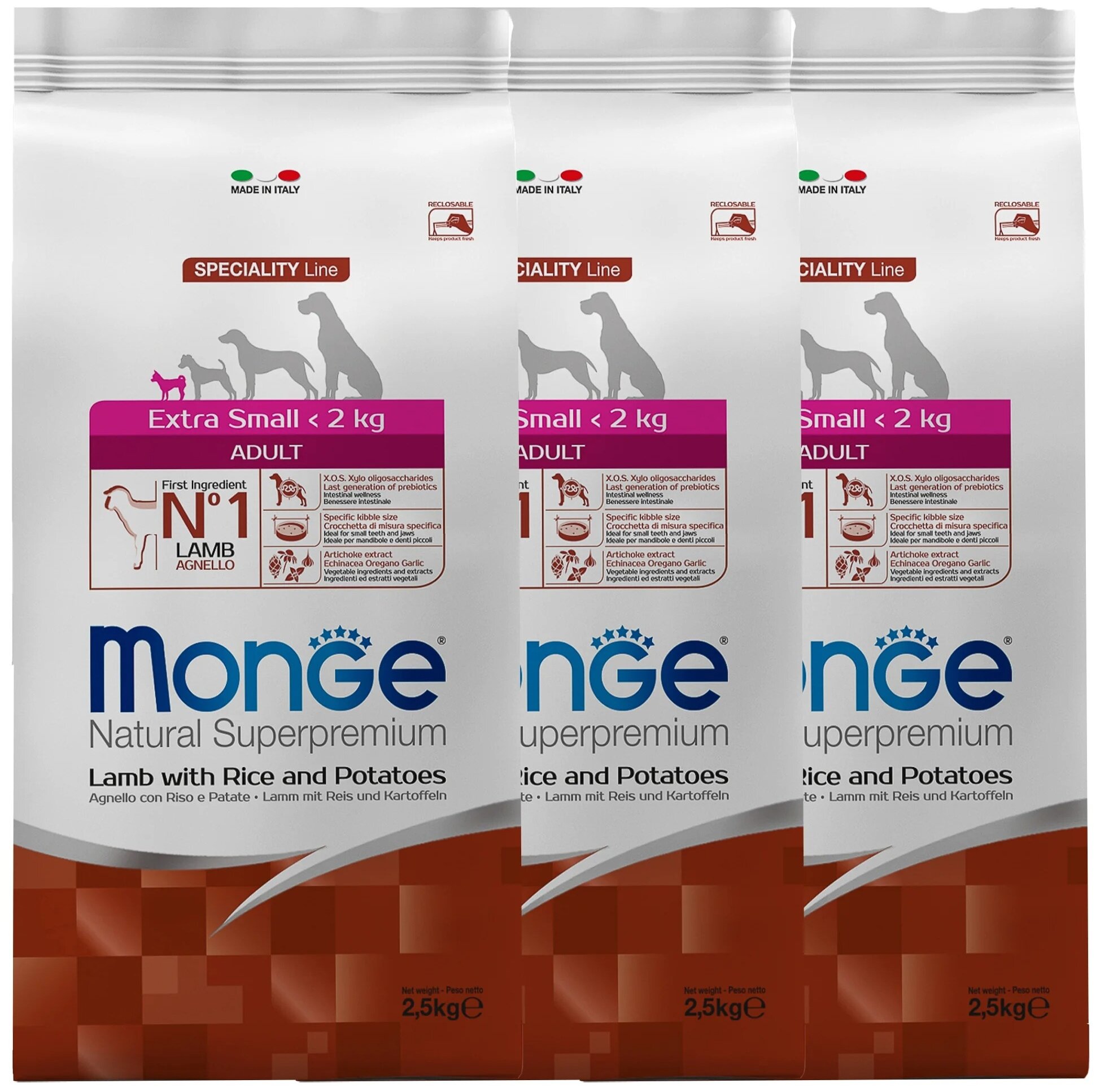 Monge Dog Speciality Extra Small корм для взрослых собак миниатюрных пород ягненок с рисом и картофелем 2,5 кг х 3 шт.