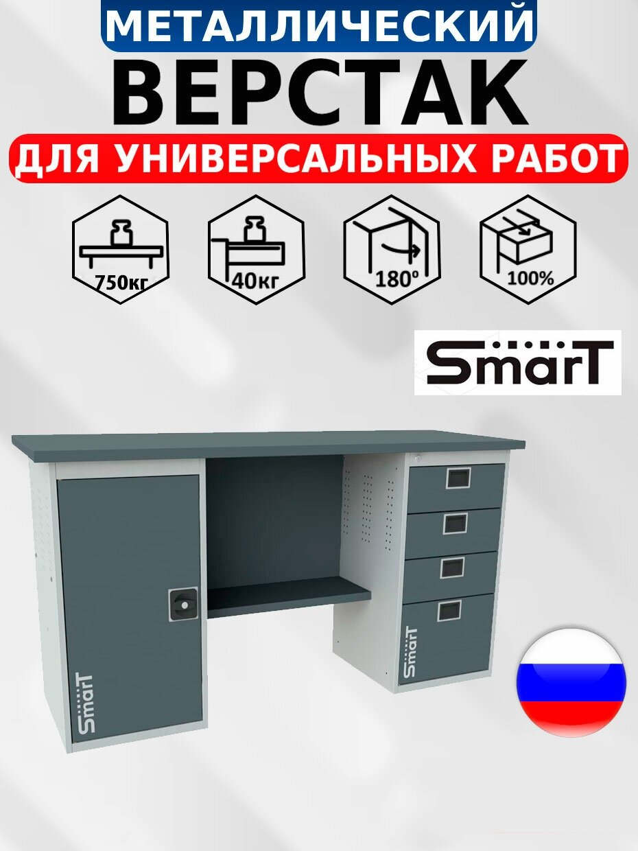 Слесарный верстак SMART 1760.1. S2.4 универсальный в гараж,864х1766х605