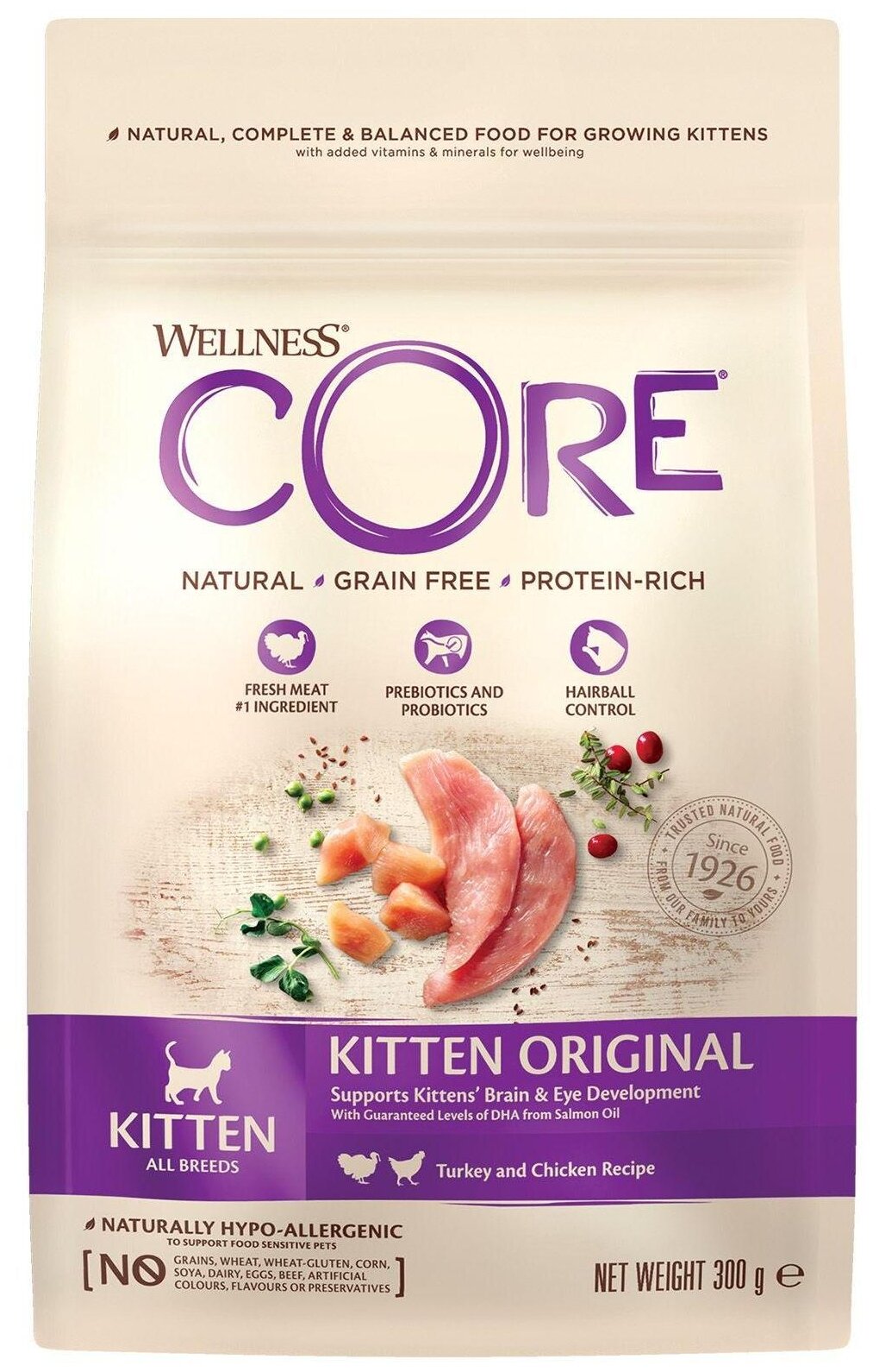 Сухой корм для котят Wellness CORE беззерновой с индейкой курицей и лососем