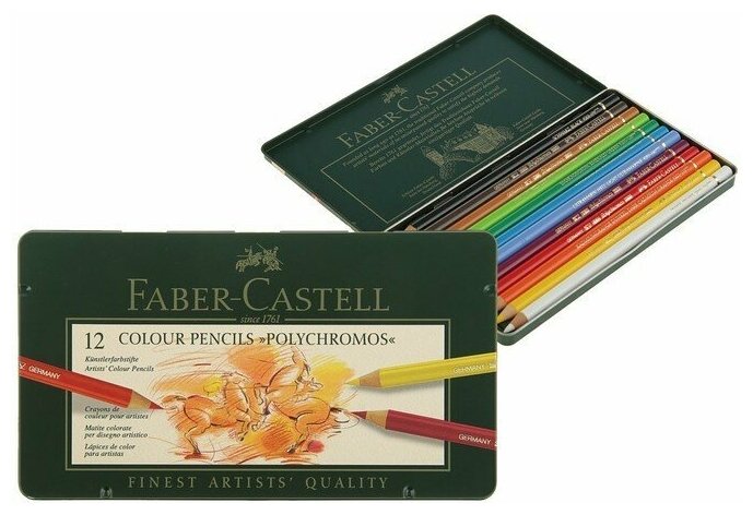 Карандаши цветные Faber-Castell Polychromos набор цветов в металлической коробке 12 шт. - фото №3