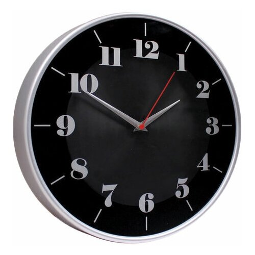 фото Часы настенные troyka 77777740, круг, черные, серебристая рамка, 30,5х30,5х5 см, 1 шт. тройка