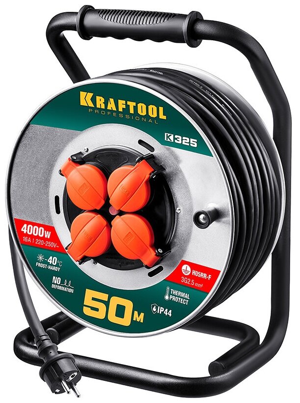 Силовой удлинитель на стальной катушке KRAFTOOL КГ 3х2.5 50м 4000Вт IP44, K-325