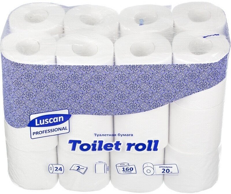 Туалетная бумага Luscan Professional, 2 слоя, белая, вторичное сырье, 20 м, 160 листов, 24 рулона