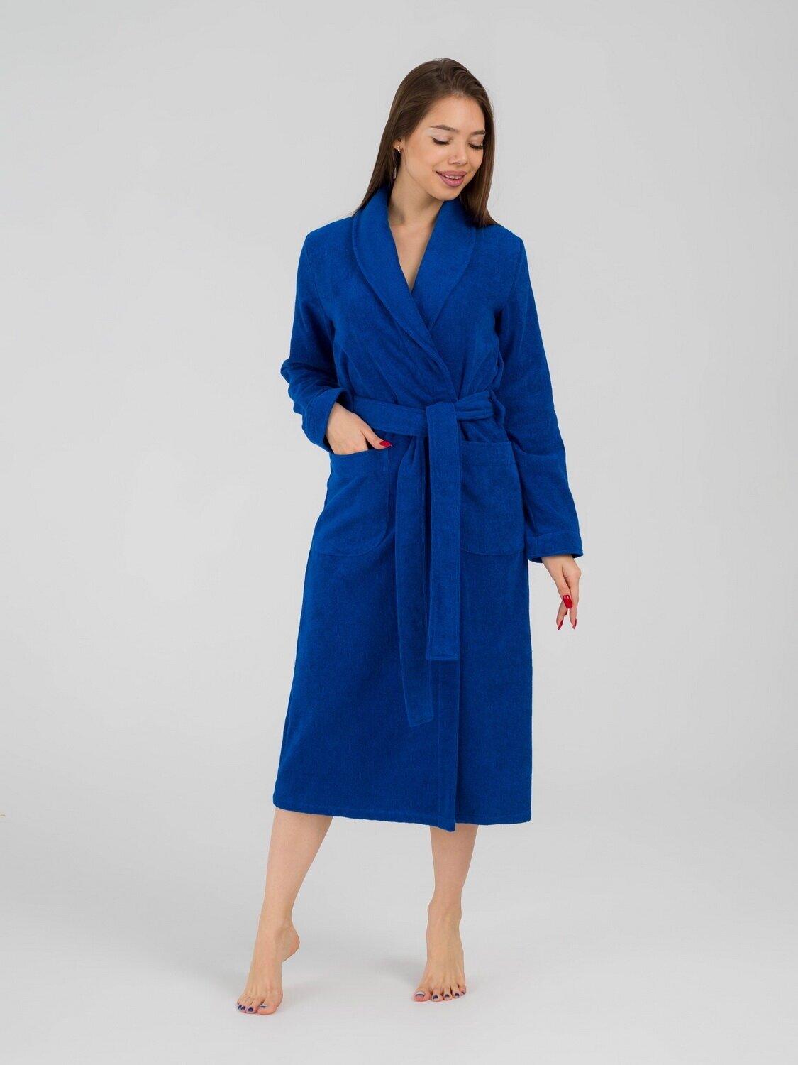 Женский махровый халат с шалькой, синий - фотография № 3