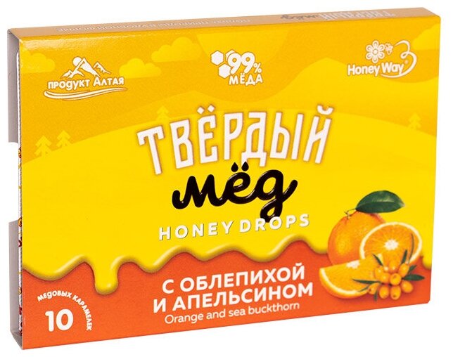 Мёд твёрдый с облепихой и апельсином 30 г - фотография № 1