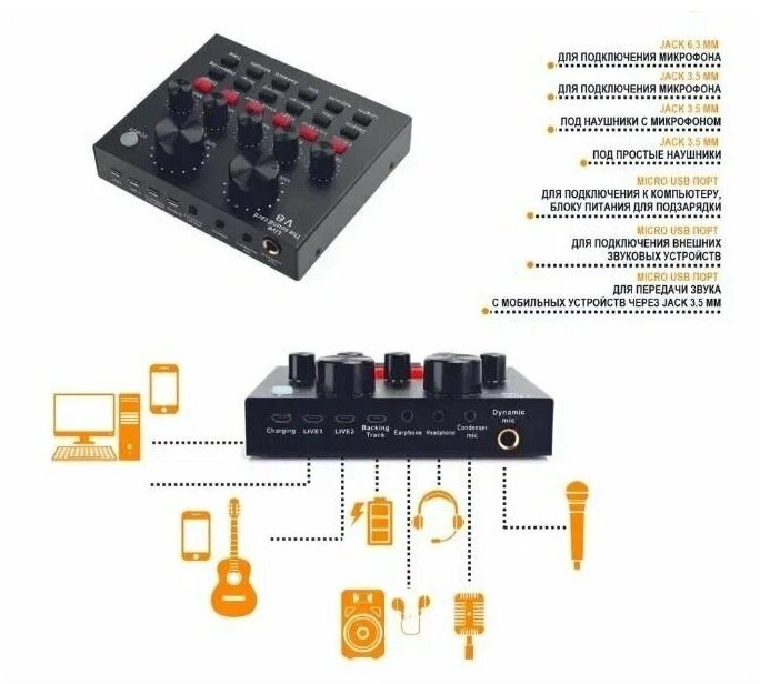 Внешняя звуковая карта, пульт микширования, усилитель громкости Sound card V8 для микрофона/компьютера/телефона