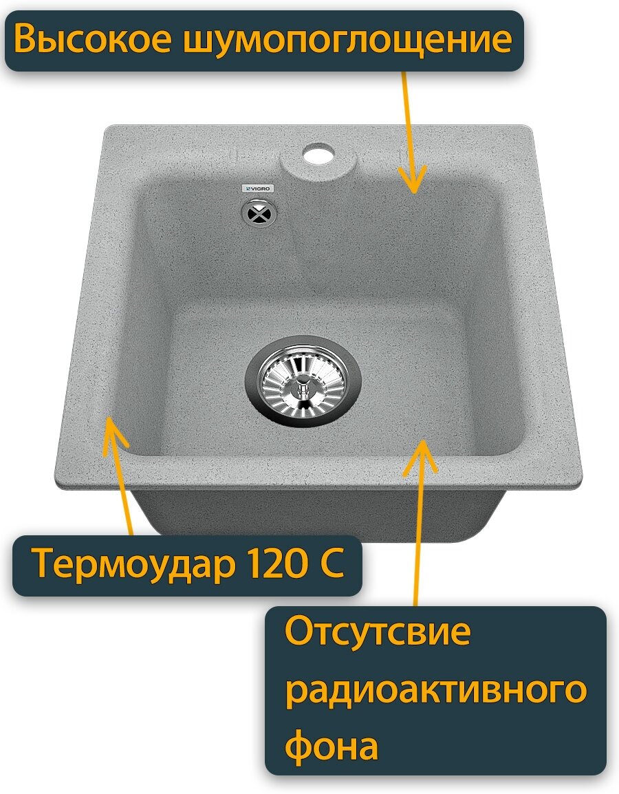 Мойка для кухни/Раковина из искусственного камня Vigro VG201 серый (410*410*180) - фотография № 4
