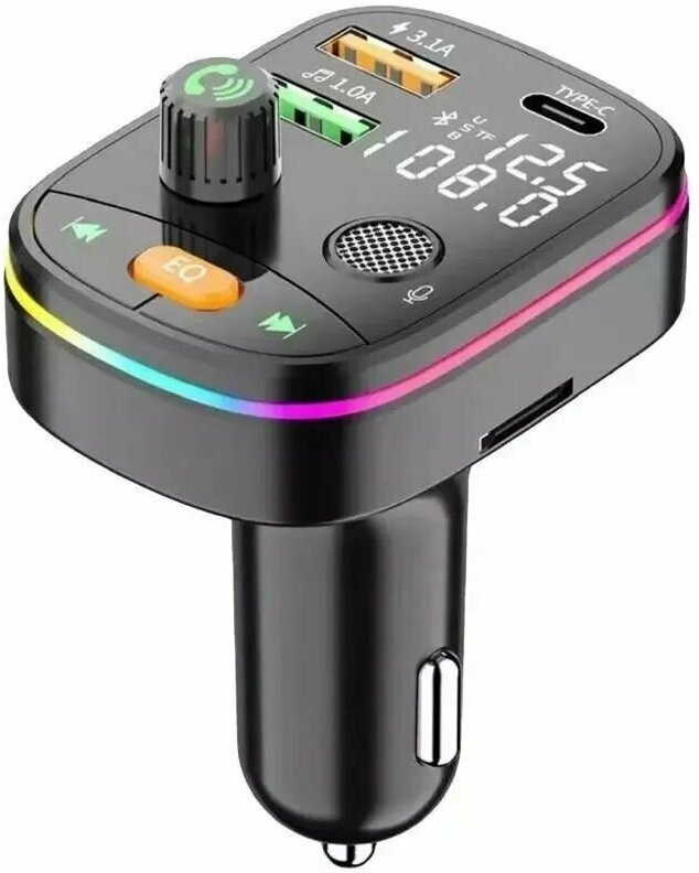 FM-модулятор трансмиттер автомобильный плеер USB type-c зарядка Bluetooth / блютуз фм адаптер автомобильный / Черно-серый