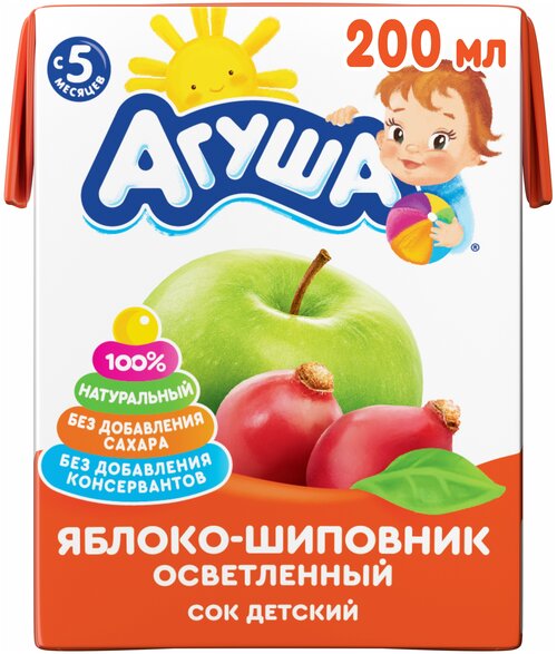 Сок осветленный Агуша Яблоко-шиповник (Tetra Pak), с 5 месяцев, 0.2 кг