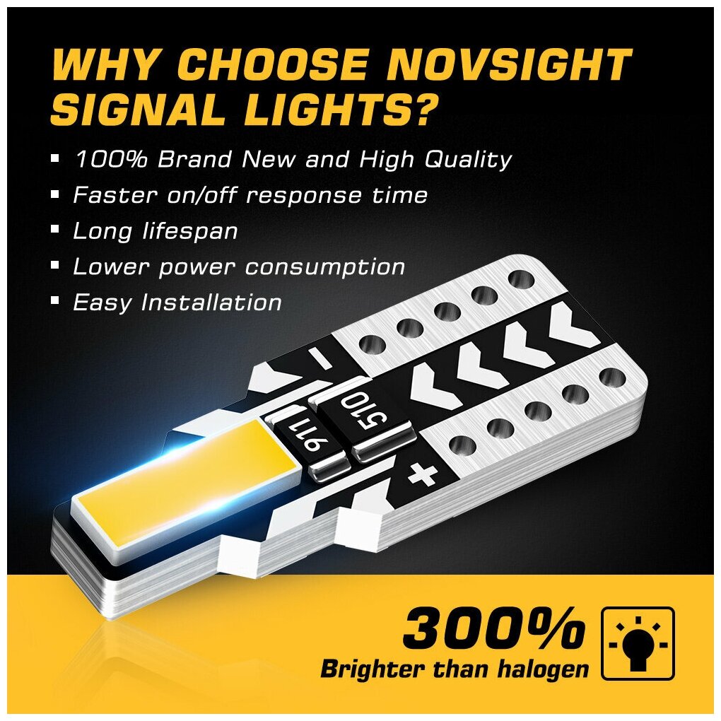 Светодиодная лампа Novsight T10 W5W цоколь W2.1x9.5d 2шт 6000К белый свет LED автомобильная