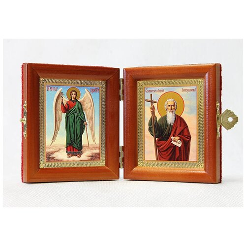 Складень именной Апостол Андрей Первозванный с посохом - Ангел Хранитель, из двух икон 8*9,5 см
