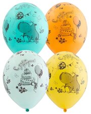 Воздушные шары латексные Riota Бегемот с тортом, С Днём Рождения, 36 см, набор 5 шт