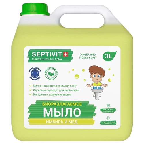 Купить Жидкое мыло для рук SEPTIVIT Premium / Мыло туалетное жидкое Септивит / Гипоаллергенное, детское мыло / Имбирь и мед, 3 литра (3000 мл.)