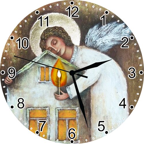 Часы деревянные (МДФ) настенные И настольные, D-27 см, бесшумные - оберег дома И семьи С ангелом хранителем дома /икона/