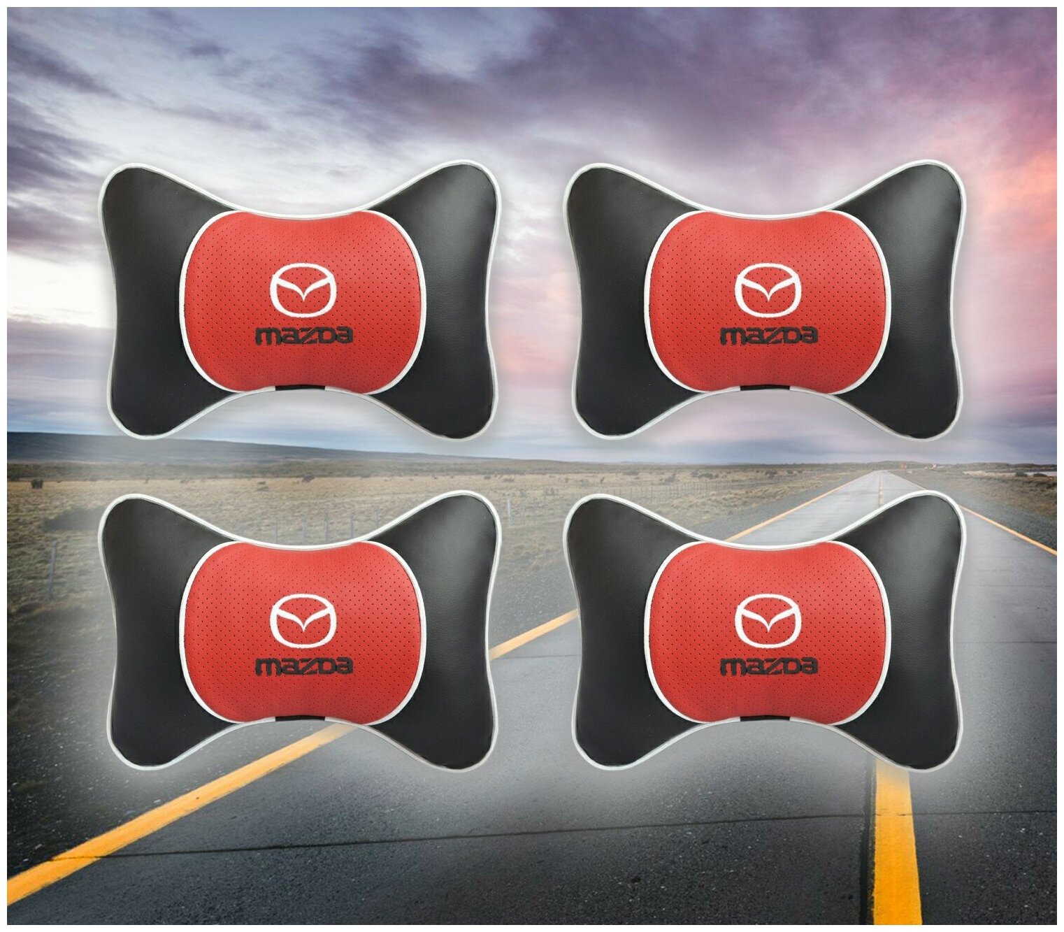 Комплект автомобильных подушек под шею на подголовник с вставкой из красной экокожи и вышивкой для Mazda (мазда) (4 подушки)