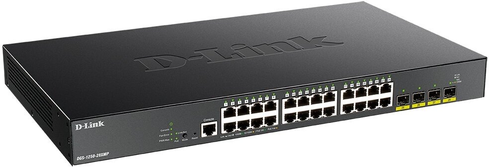 Коммутатор D-Link (DGS-1250-28XMP/A1A) Настраиваемый L2, 24 ports 10/100/1000Base-T, 4 ports 10GBase-X SFP+, PoE-бюджет 370 Вт