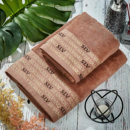 Набор полотенец 2 шт 50х80 70х130 см 100хл 450 гм2 Silvano Европ стиль корич надписи Турц 3992₽