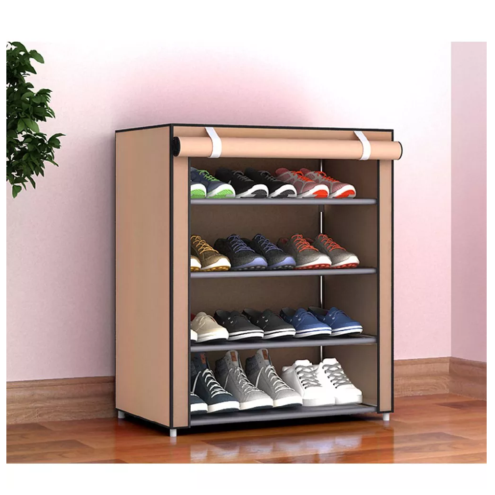 Пылезащитный тканевый шкаф для обуви / Обувница LettBrin с нетканым чехлом, 4 полки, бежевая