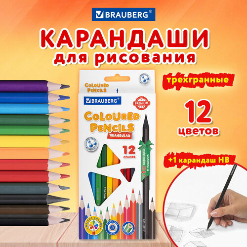 Карандаши цветные художественные для рисования пластиковые, Brauberg Premium 12 цветов 1 ч гр карандаш, трехгранный корпус, грифель 3 мм, 181936
