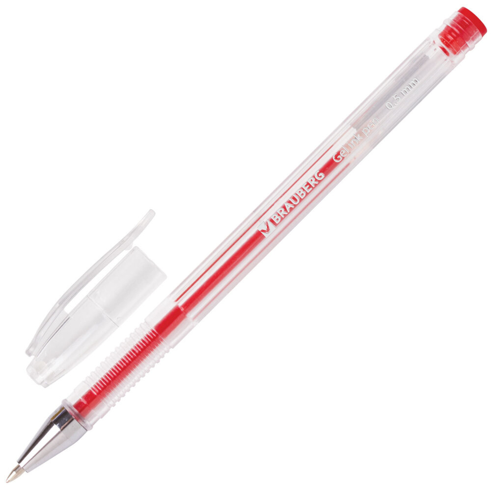Ручка гелевая BRAUBERG "Jet", красная, корпус прозрачный, узел 0,5 мм, линия письма 0,35 мм, 141020 упаковка 24 шт.
