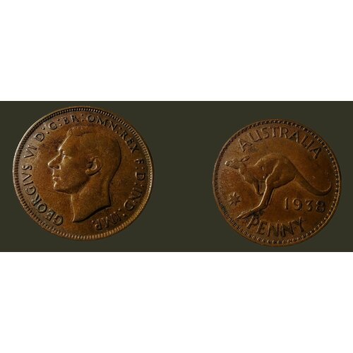 Австралия 1 пенни 1938г. Кенгуру на монетах. Георг VI (1937 - 1952) 1952 монета британская восточная африка 1952 год 1 шиллинг георг vi подделка того времени цинк