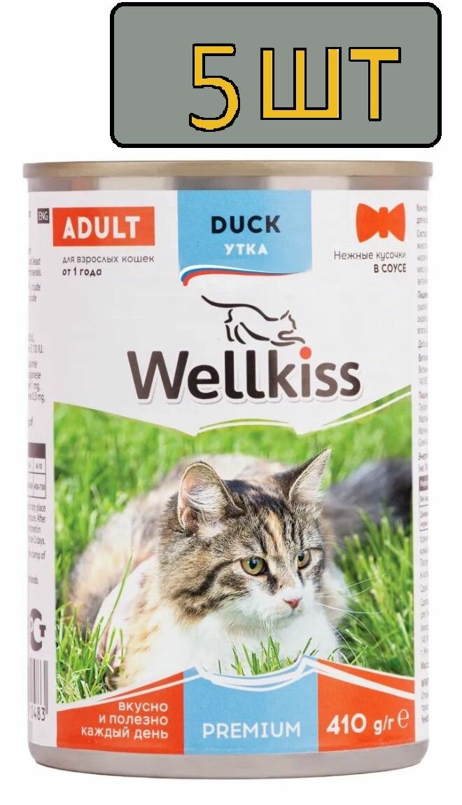 5 шт. Wellkiss Влажный корм (консервы) для кошек, нежные кусочки с уткой в соусе, 410 гр.