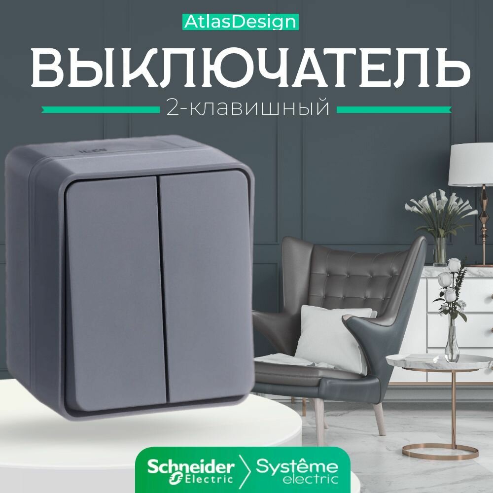 Schneider/Systeme Electric AtlasDesign Profi54 выключатель открытой установки 2-клавишный 10 АХ, антрацит, Россия ATN544051