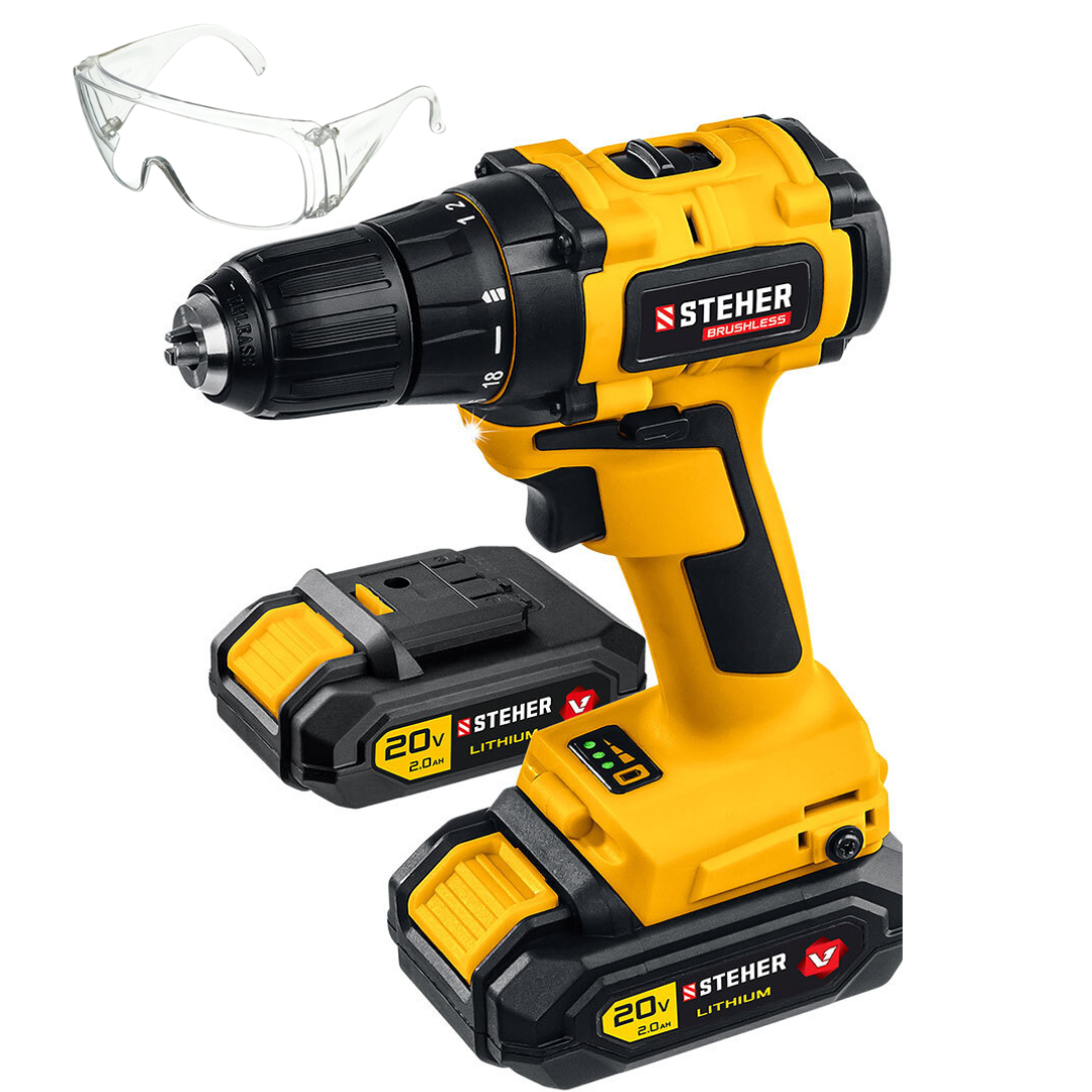 Бесщеточная дрель-шуруповерт STEHER CDB-200-2+защитные очки