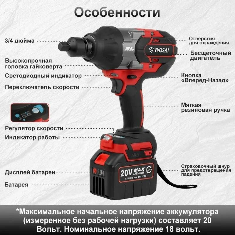 Изображение Гайковерт аккумуляторный с кейсом WOSAI WS-L9 1000 Н-м, 20V, 4.0AH 2 аккумулятора