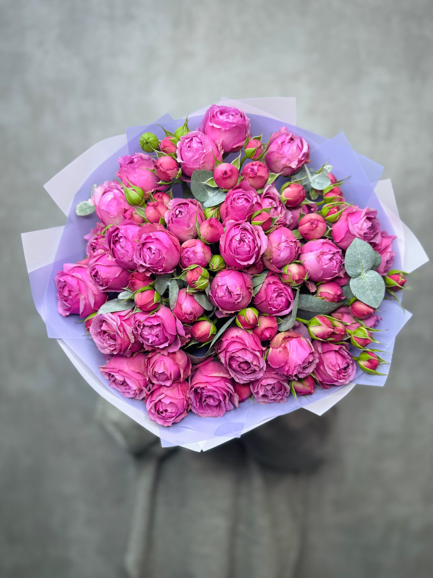 Букет A&G Flowers "Мисти Баблс", кустовые розы, с эвкалиптом, в упаковке
