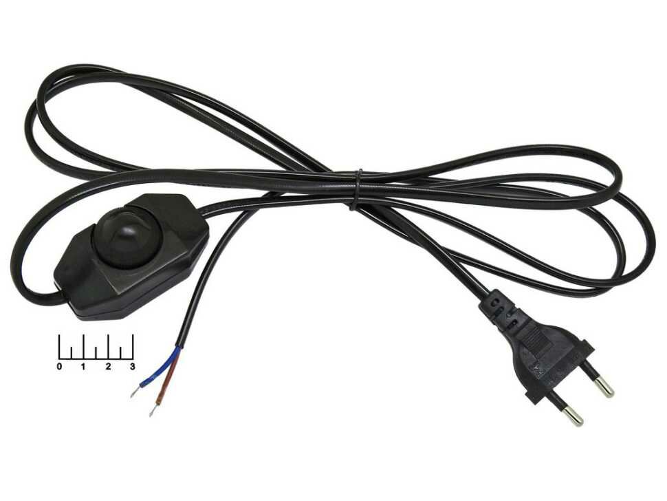 Шнур электрический без земли с диммером 2м (вилка прямая/плоская) (черный) (2*0.75)