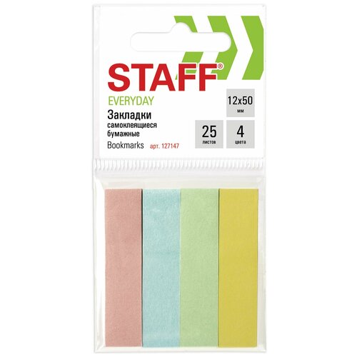 STAFF Закладки клейкие staff, пастельные бумажные, 50х12 мм, 4 цвета х 25 листов, европодвес, 127147, 30 шт. набор artex бумажные формы прямоугольные 100 шт 3 шт